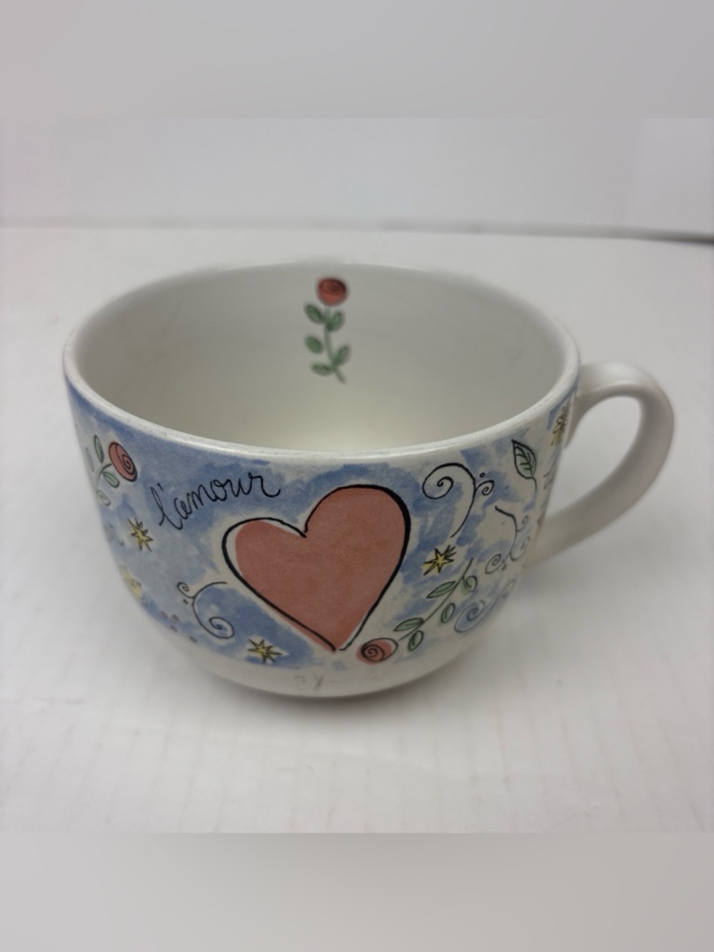 L'Amour Julia Anderson Signature Coffee Mug Cup Hearts Birds Floral Swirl Whimsy